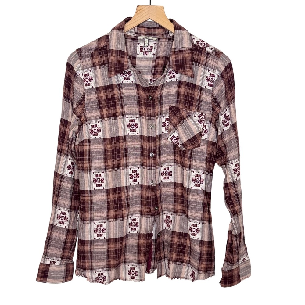 Women's Plaid Embroidered western button down Shirt Womens Medium Boho festival